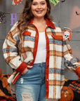 Brown Stripe Plus Size Plaid Print Collared Buttoned Jacket - Toi ‘n’ Moi Ltd