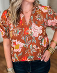 Brown Floral Stitched V Neck Frilled Trim Puff Short Sleeve Blouse - Toi ‘n’ Moi Ltd