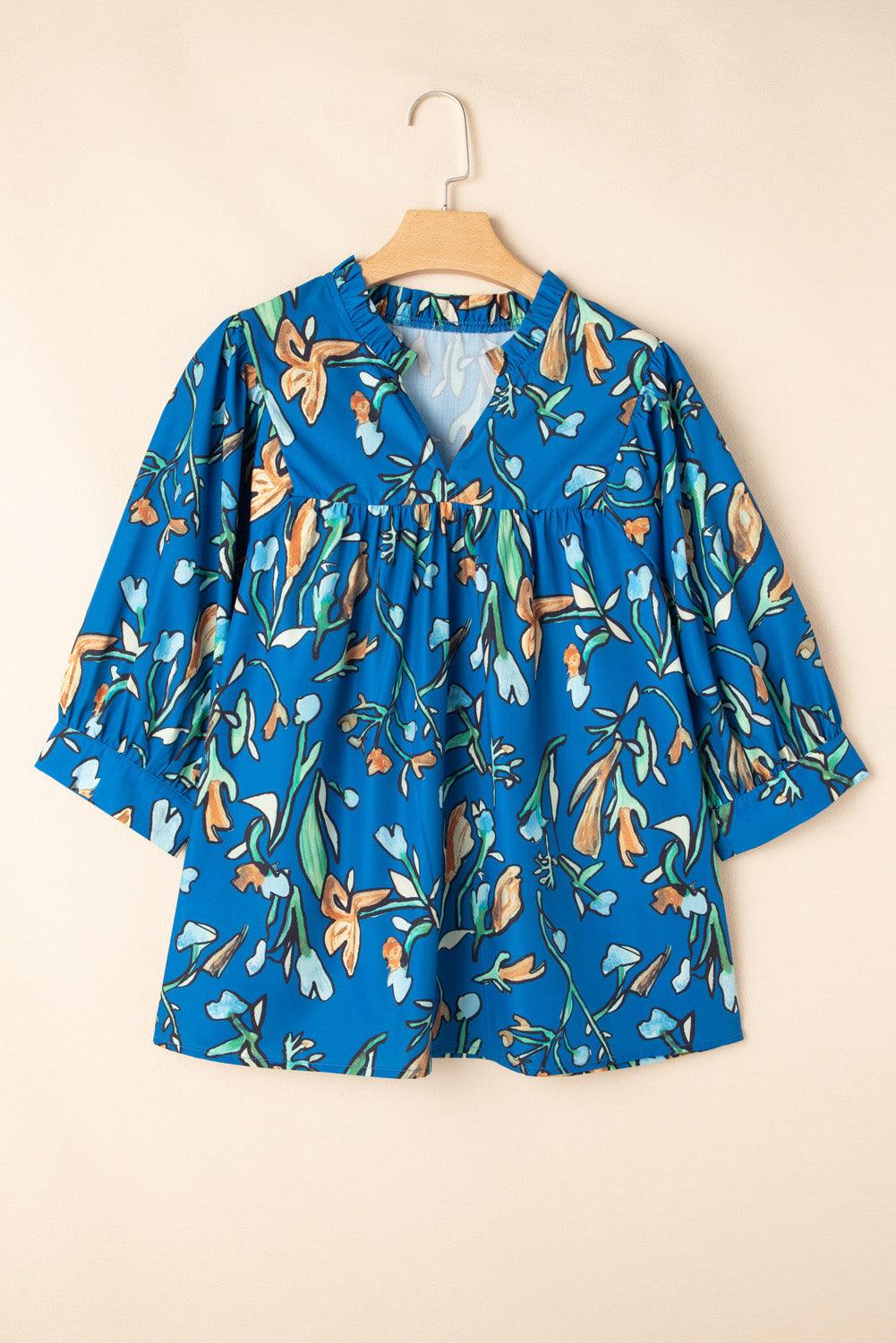 Blue Floral Notched V Neck Half Sleeve Plus Size Blouse - Toi ‘n’ Moi Ltd