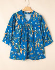 Blue Floral Notched V Neck Half Sleeve Plus Size Blouse - Toi ‘n’ Moi Ltd