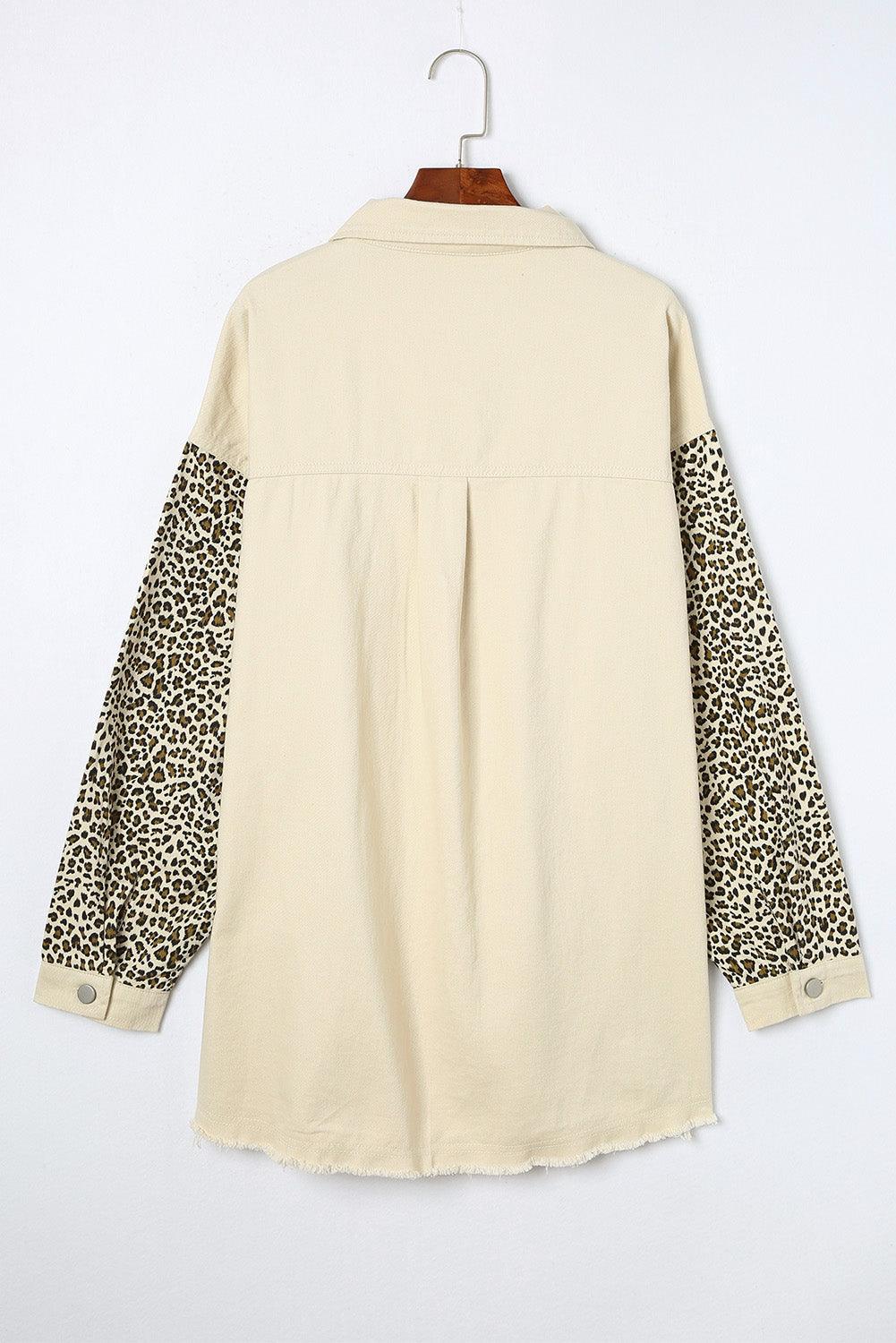 Apricot Plus Size Leopard Sleeve Raw Hem Denim Jacket - Toi ‘n’ Moi Ltd