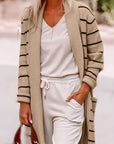Black Stripe Shawl Neckline Open Cardigan with Pockets - Toi ‘n’ Moi Ltd