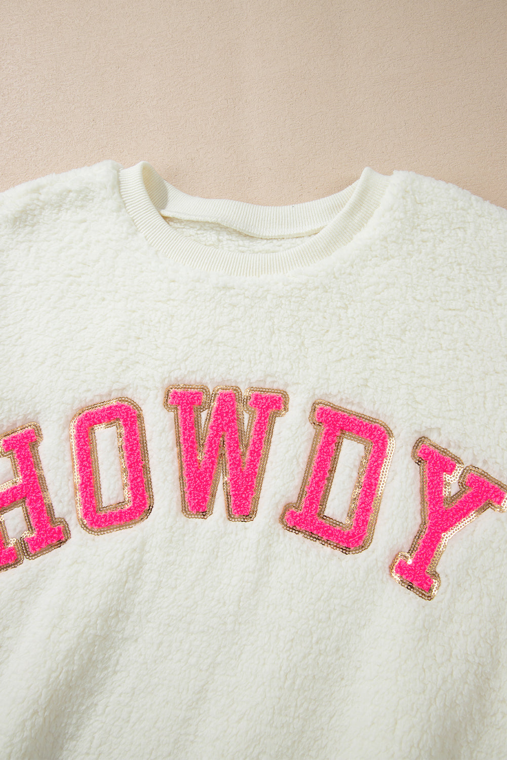 Beige Sherpa HOWDY Patched Pullover Sweatshirt - Toi ‘n’ Moi Ltd