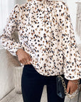 White Leopard Print Lantern Sleeve Mock Neck Pleated Blouse