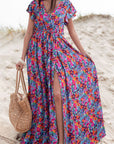 Blue Floral Print V Neck Wrap Split Maxi Dress - Toi ‘n’ Moi Ltd