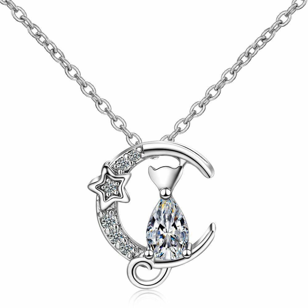 Women Crystal Moon Cat Pendant Chain Necklace 925 Sterling Silver Jewellery UK - Toi ‘n’ Moi Ltd