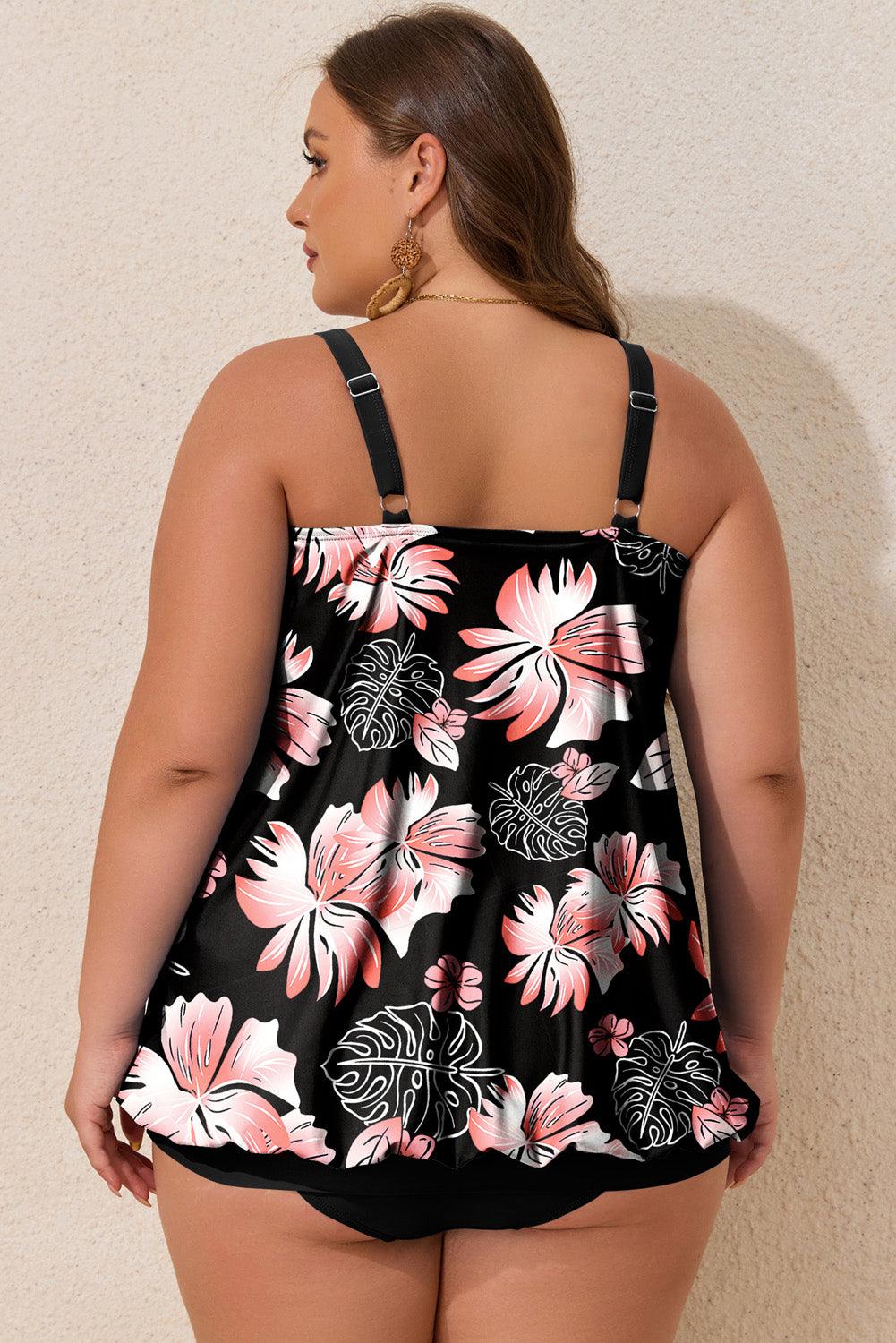 Black 2pcs Plus Size Wide Strap Floral Top Tankini Set - Toi ‘n’ Moi Ltd