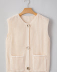 White Solid Textured Knit Side Pockets Buttoned Sweater Vest