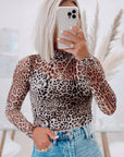 Brown Leopard Smocked Neck Mesh Long Sleeve Bodysuit - Toi ‘n’ Moi Ltd