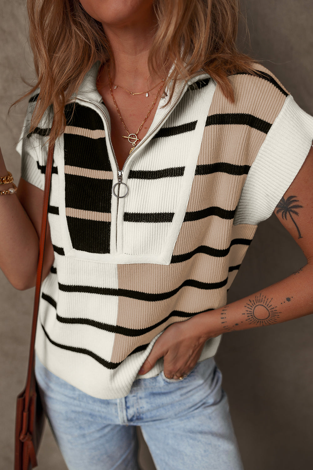 Black Stripe Colorblock Quarter Zip Collar Sweater Vest - Toi ‘n’ Moi Ltd