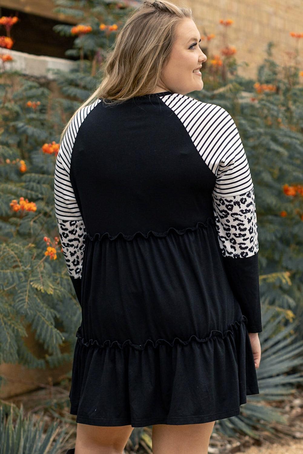 Black Plus Size Striped Leopard Patch Sleeve Ruffle Tiered Dress - Toi ‘n’ Moi Ltd
