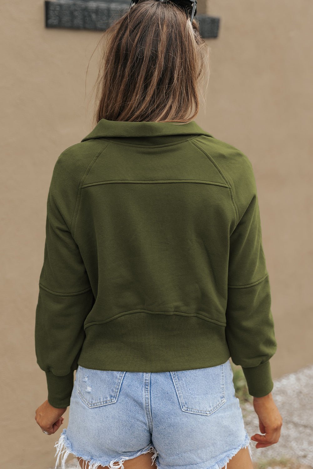 Sweat-shirt zippé à col montant et manches à trou pour le pouce avec doublure en polaire verte