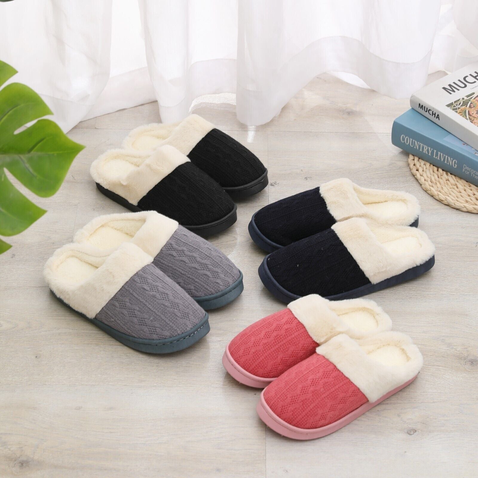 LADIES WOMENS WARM FAUX FUR LINED COMFY HARD SOLE OUTDOOR SLIPPERS SHOES SIZE - Toi ‘n’ Moi Ltd