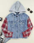 Beau Blue Plaid Print Patchwork Hooded Raw Hem Denim Jacket - Toi ‘n’ Moi Ltd
