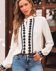 Beige Floral Embroidered Stand Neck Buttoned Shirt - Toi ‘n’ Moi Ltd
