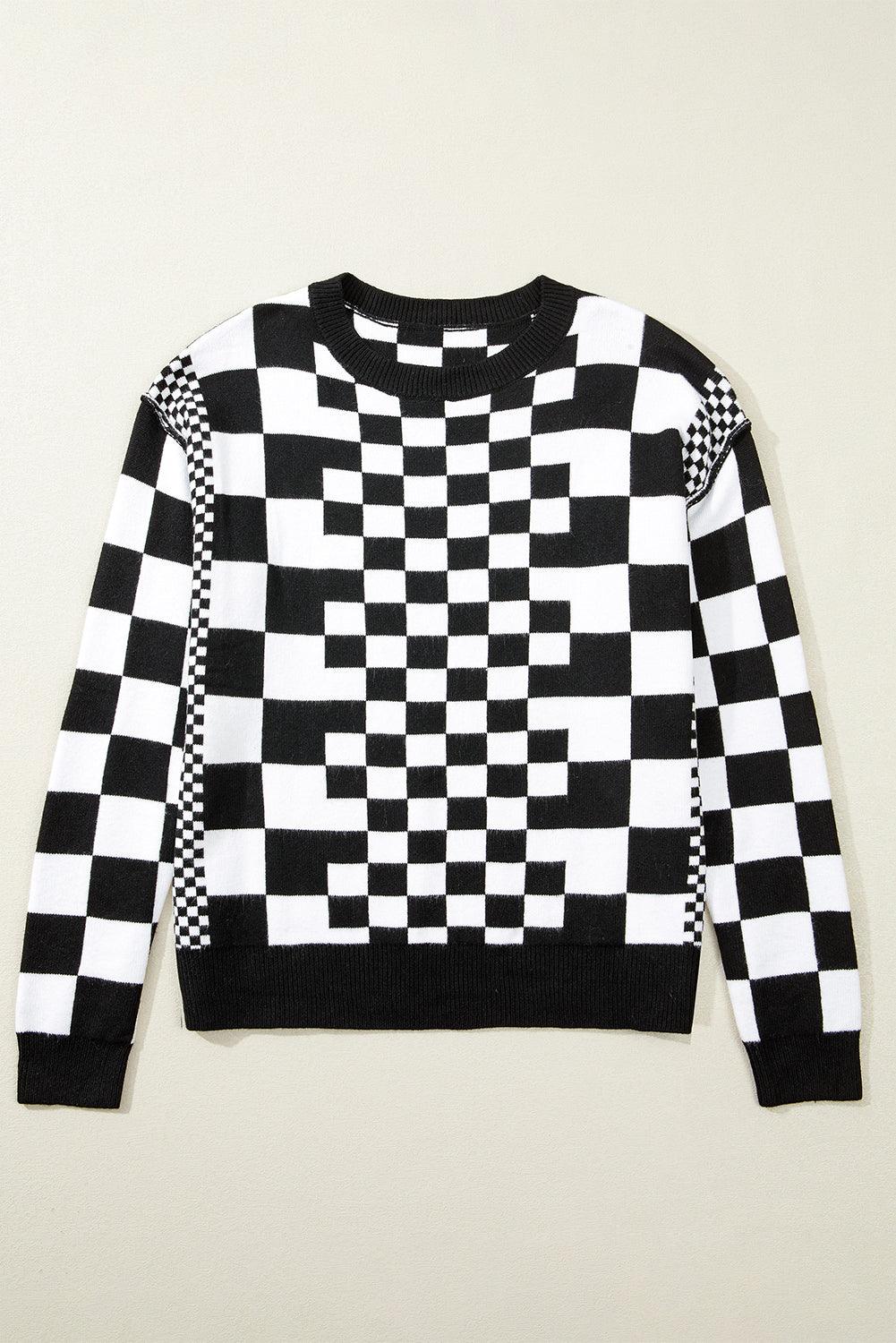 Black Checkered Print Drop Shoulder Round Neck Sweater - Toi ‘n’ Moi Ltd