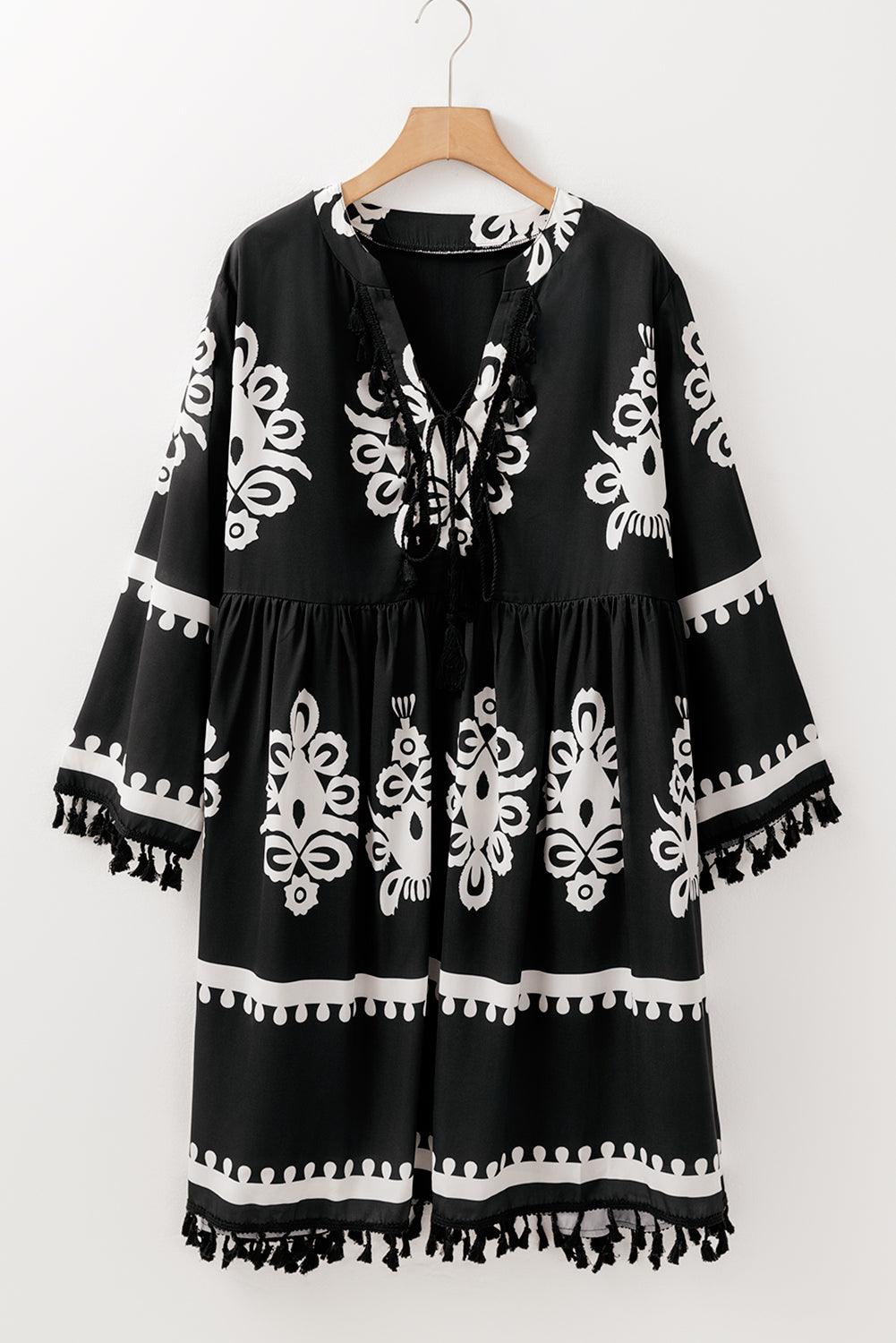 Black Plus Size Western Floral Print Fringed V Neck Dress - Toi ‘n’ Moi Ltd