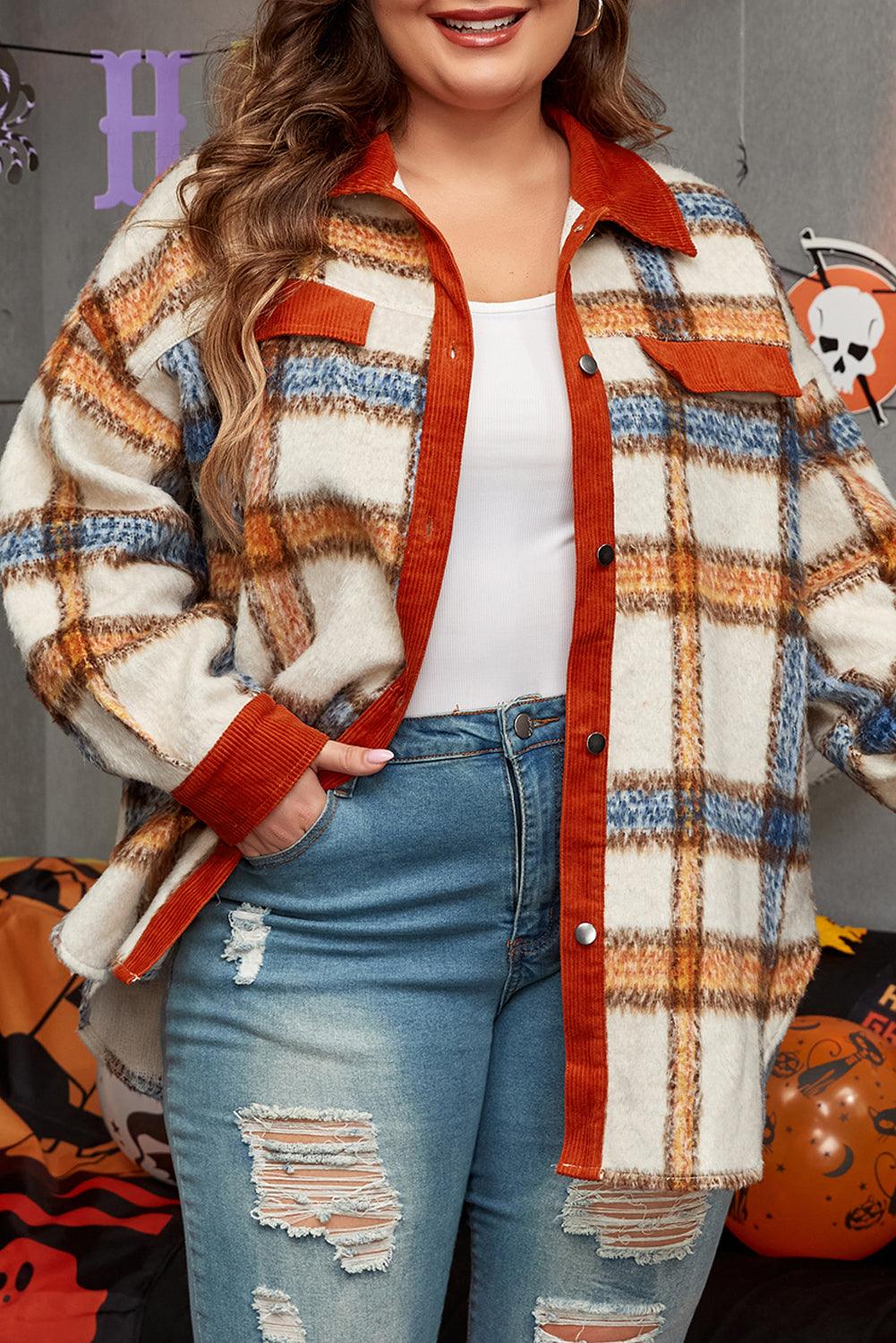 Brown Stripe Plus Size Plaid Print Collared Buttoned Jacket - Toi ‘n’ Moi Ltd