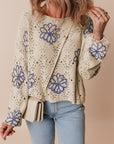 Beige Contrast Flower Print Eyelet Drop Shoulder Sweater - Toi ‘n’ Moi Ltd
