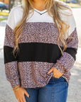 Black Leopard Print Colorblock V Neck Long Sleeve Plus Size Top - Toi ‘n’ Moi Ltd