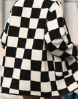Black Checkered Side Pockets Collared Buttoned Fleece Jacket - Toi ‘n’ Moi Ltd