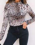 Brown Leopard Smocked Neck Mesh Long Sleeve Bodysuit - Toi ‘n’ Moi Ltd