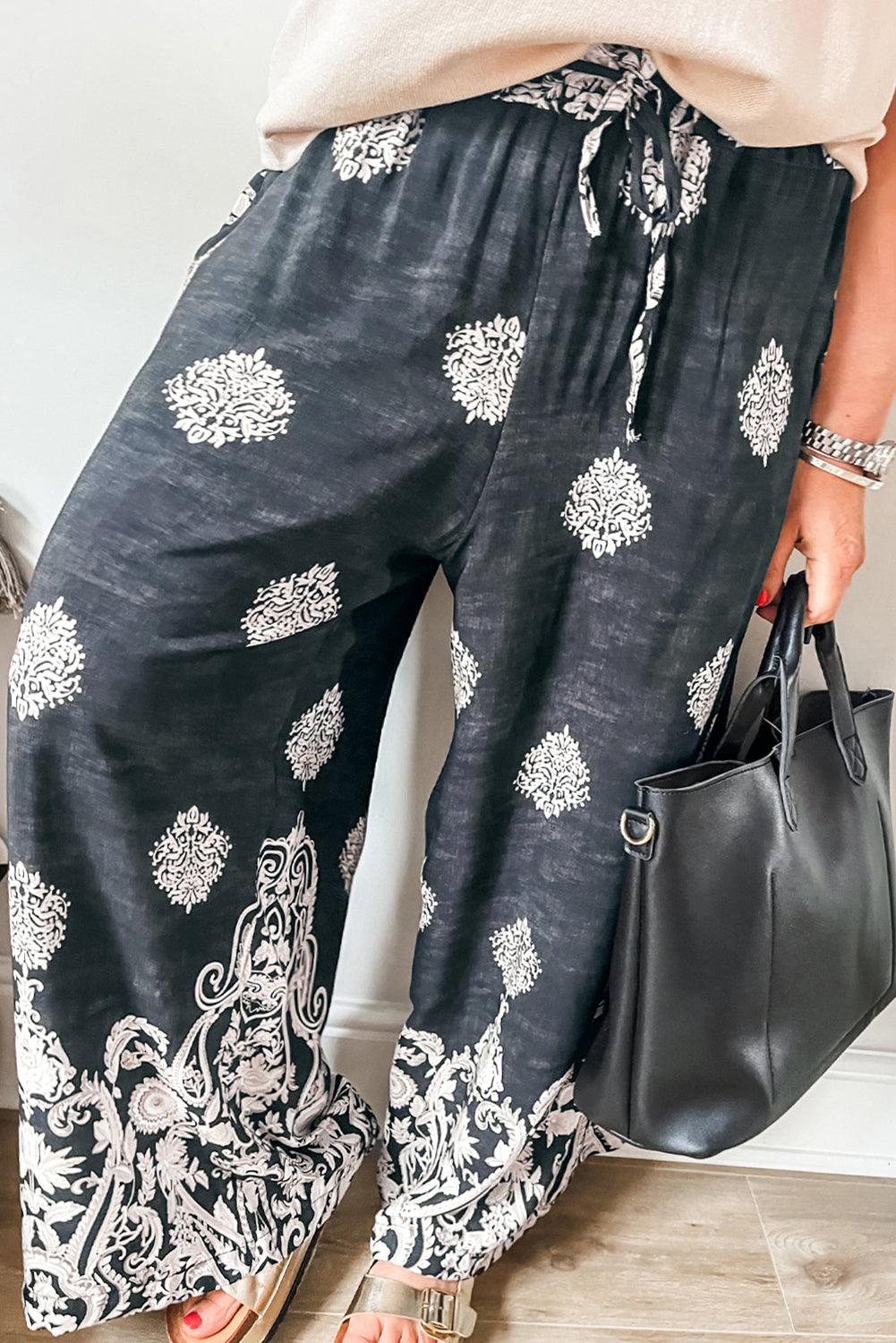 Black Plus Size Geometric Ethnic Print Drawstring Wide Leg Pants - Toi ‘n’ Moi Ltd