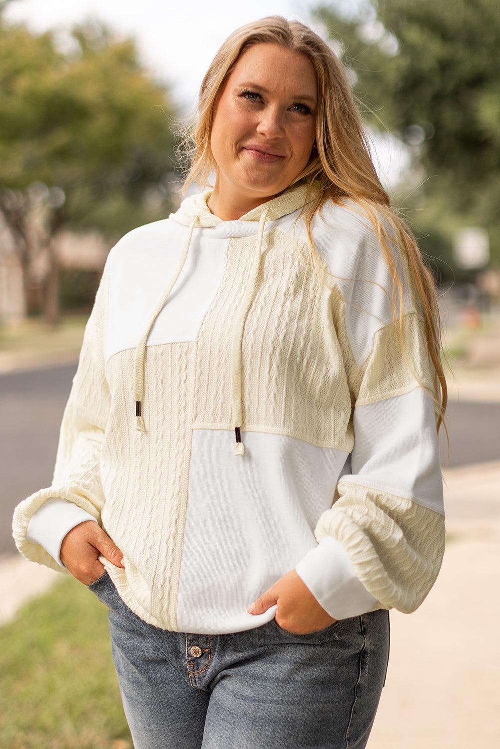 Beige Textured Patchwork Exposed Seam Plus Size Hoodie - Toi ‘n’ Moi Ltd