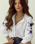 White Floral Embroidered Bracelet Sleeve Shirt