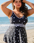 Black Polka Dot Trim V Neck Plus Size Swim Dress - Toi ‘n’ Moi Ltd