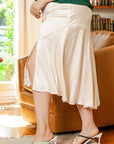 Beige Satin Split Ruffled High Waist Plus Size Skirt - Toi ‘n’ Moi Ltd
