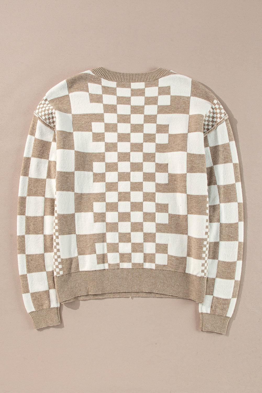 Black Checkered Print Drop Shoulder Round Neck Sweater - Toi ‘n’ Moi Ltd
