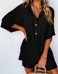 Black Plain Half Button Collared Pocket Loose Romper - Toi ‘n’ Moi Ltd