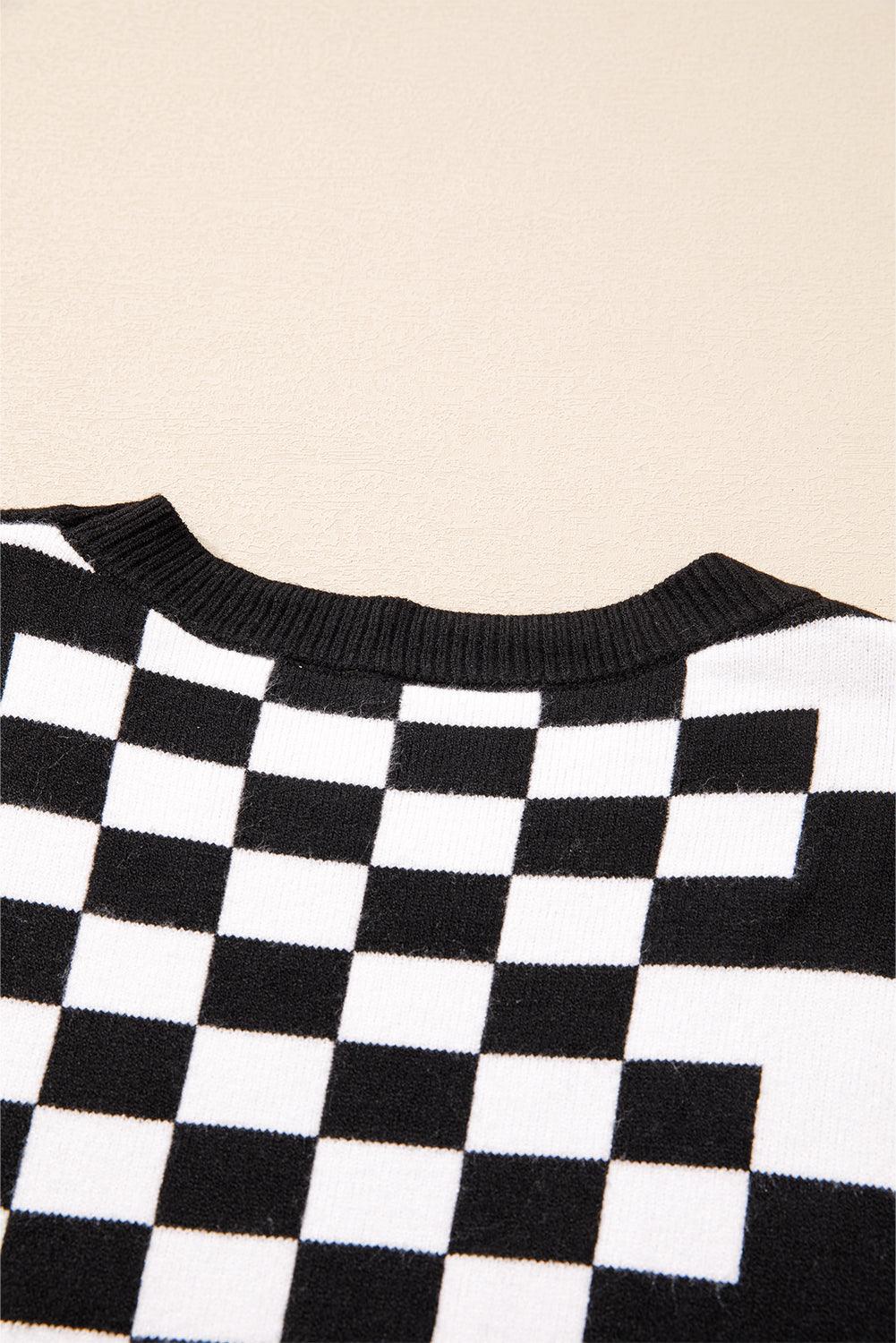 Black Checkered Print Drop Shoulder Round Neck Sweater - Toi ‘n’ Moi Ltd
