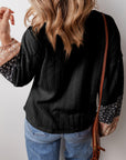 Black Floral Patchwork Textured Knit Drawstring V Neck Blouse - Toi ‘n’ Moi Ltd