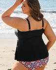 Black Drawstring Tied Front Flared Top Geometric Print Bottom Plus Size Tankinis - Toi ‘n’ Moi Ltd