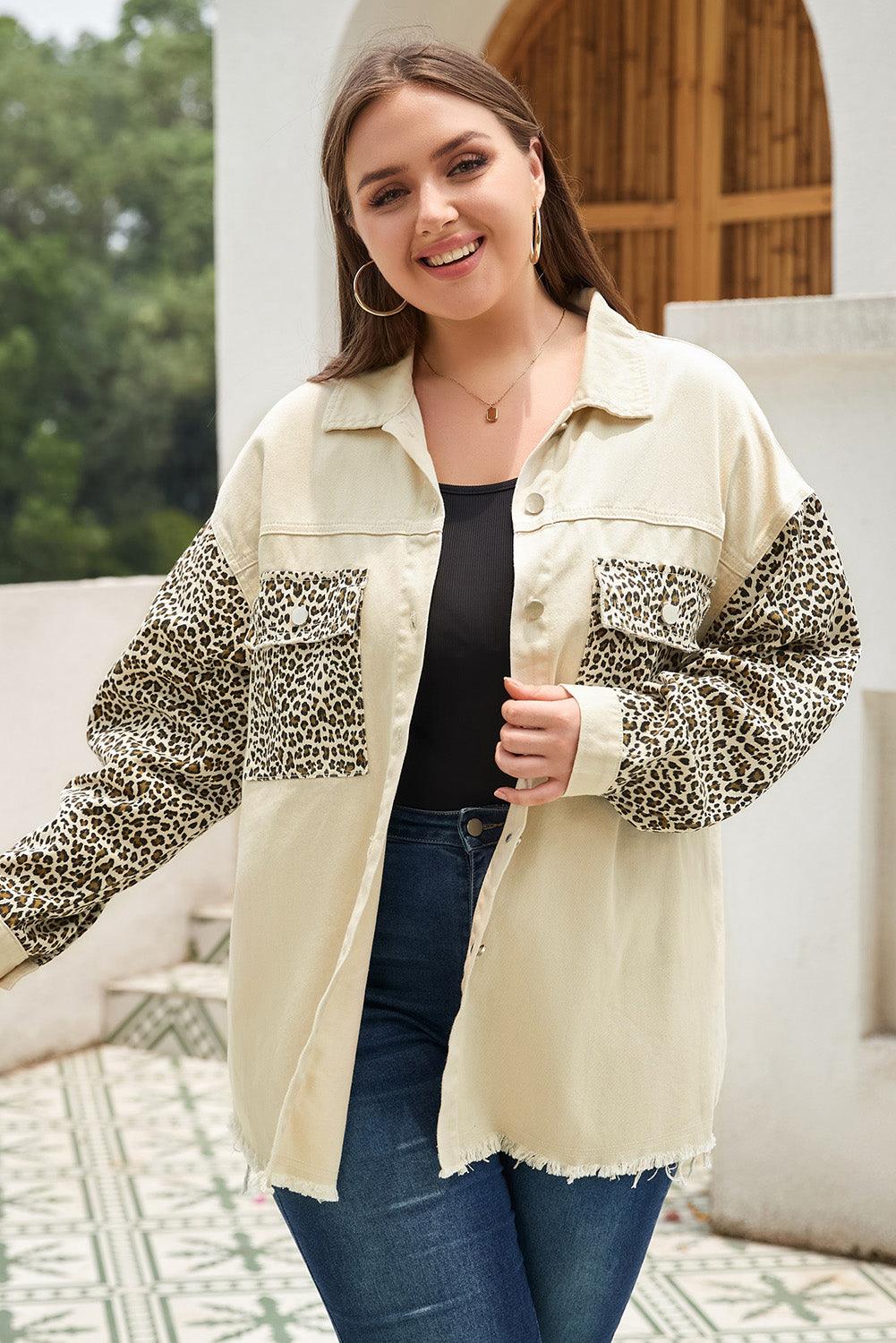 Apricot Plus Size Leopard Sleeve Raw Hem Denim Jacket - Toi ‘n’ Moi Ltd