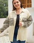 Apricot Plus Size Leopard Sleeve Raw Hem Denim Jacket - Toi ‘n’ Moi Ltd