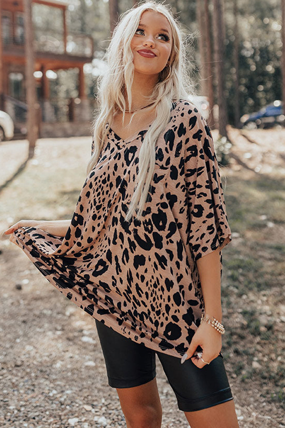 Brown Leopard Print V Neck Half Sleeve Oversized Tee - Toi ‘n’ Moi Ltd