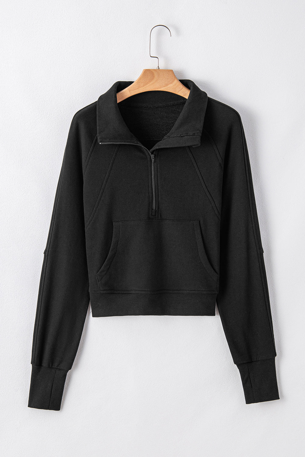 Black Fleece Lined Zip Up Stand Collar Thumbhole Sleeve Sweatshirt - Toi ‘n’ Moi Ltd