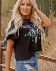 T-shirt graphique vintage gris carbone avec tête de taureau western turquoise et aztèque