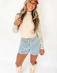Beige Floral Lace Patchwork Long Sleeve High Neck Slim Top - Toi ‘n’ Moi Ltd