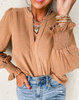 Straw Yellow Solid Color Shirred Cuff Notch V Neck Blouse