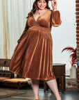 Camel Surplice V Neck Balloon Sleeve Velvet Dress - Toi ‘n’ Moi Ltd