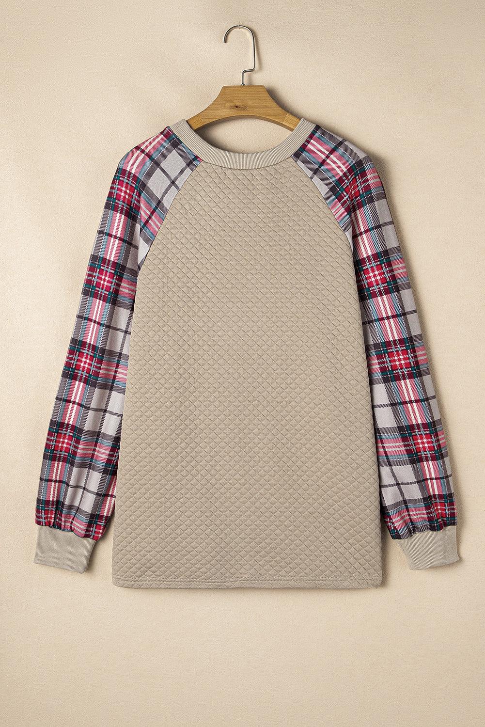 Apricot Plus Size Plaid Raglan Sleeve Crew Neck Sweatshirt - Toi ‘n’ Moi Ltd