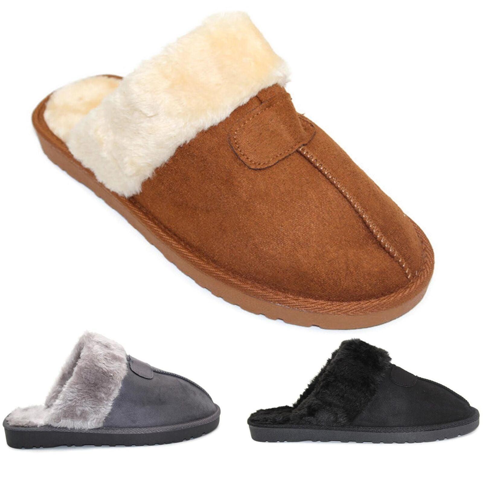 WOMENS LADIES FAUX FUR LINED SLIP on COMFY WARM WINTER SLIPPERS MULES SHOES SIZE - Toi ‘n’ Moi Ltd