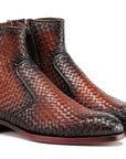 Paul Parkman Brown Burnished Woven Leather Zipper Boots (ID