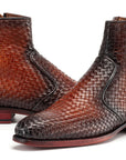 Paul Parkman Brown Burnished Woven Leather Zipper Boots (ID