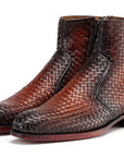 Paul Parkman Brown Burnished Woven Leather Zipper Boots (ID