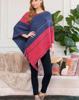 Hdf3007rdbl - Poncho à franges à imprimé chaîne bicolore rouge et bleu